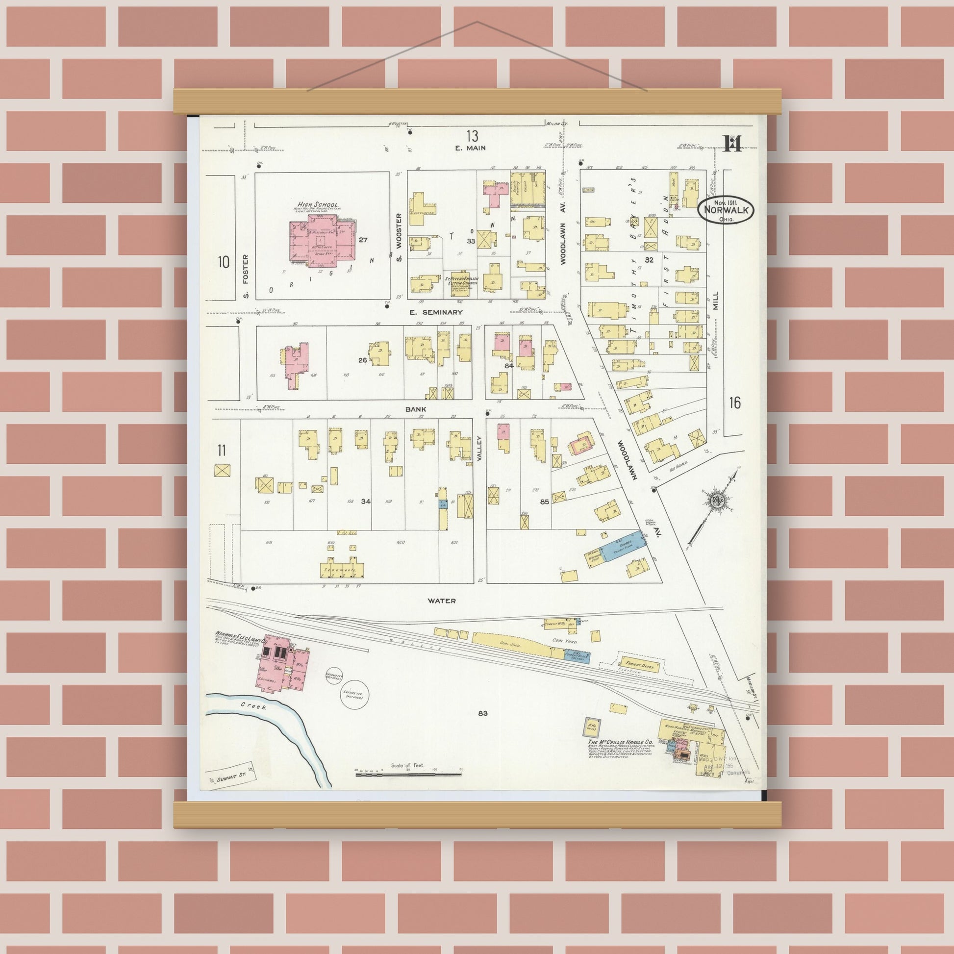 Old map wall art mockup — magnetic wood frame on brick wall — Sanborn Fire Insurance Map from Norwalk, Huron County, Ohio (1911), Sheet #0014