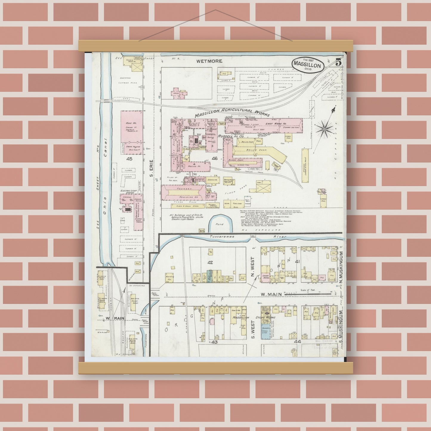 Old map wall art mockup — magnetic wood frame on brick wall — Sanborn Fire Insurance Map from Massillon, Stark County, Ohio (1887), Sheet #0005