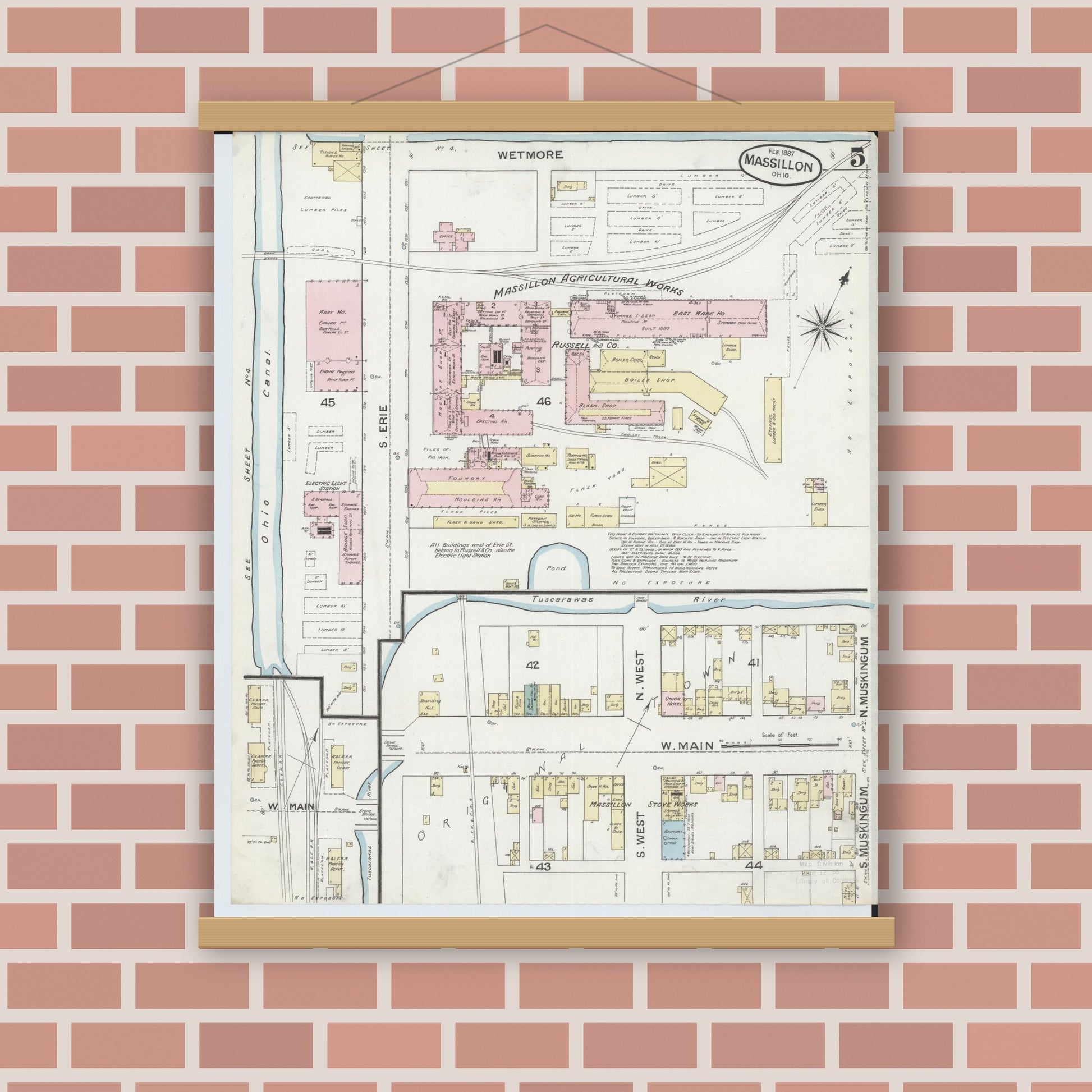 Old map wall art mockup — magnetic wood frame on brick wall — Sanborn Fire Insurance Map from Massillon, Stark County, Ohio (1887), Sheet #0005