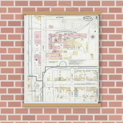 Old map wall art mockup — magnetic wood frame on brick wall — Sanborn Fire Insurance Map from Massillon, Stark County, Ohio (1887), Sheet #0005
