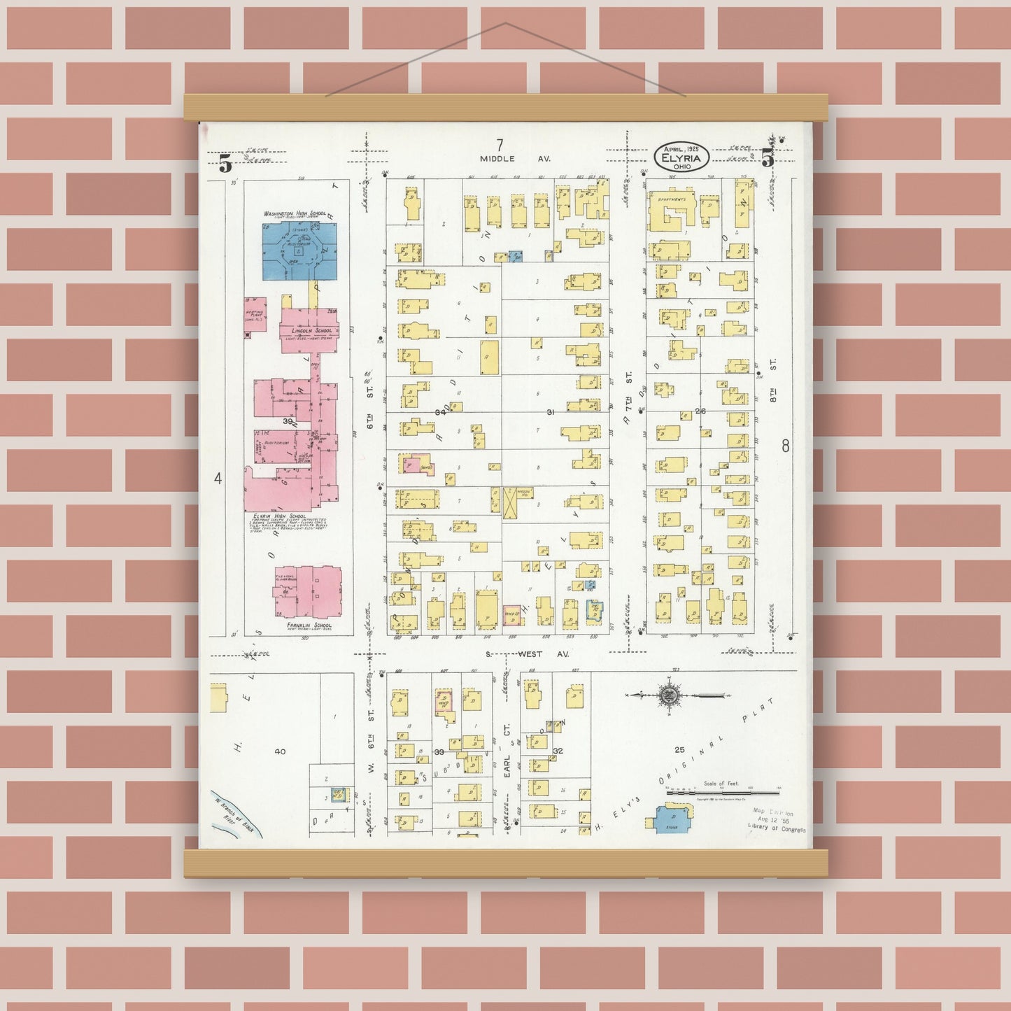 Old map wall art mockup — magnetic wood frame on brick wall — Sanborn Fire Insurance Map from Elyria, Lorain County, Ohio (1925), Sheet #0005