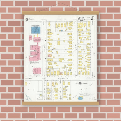 Old map wall art mockup — magnetic wood frame on brick wall — Sanborn Fire Insurance Map from Elyria, Lorain County, Ohio (1925), Sheet #0005