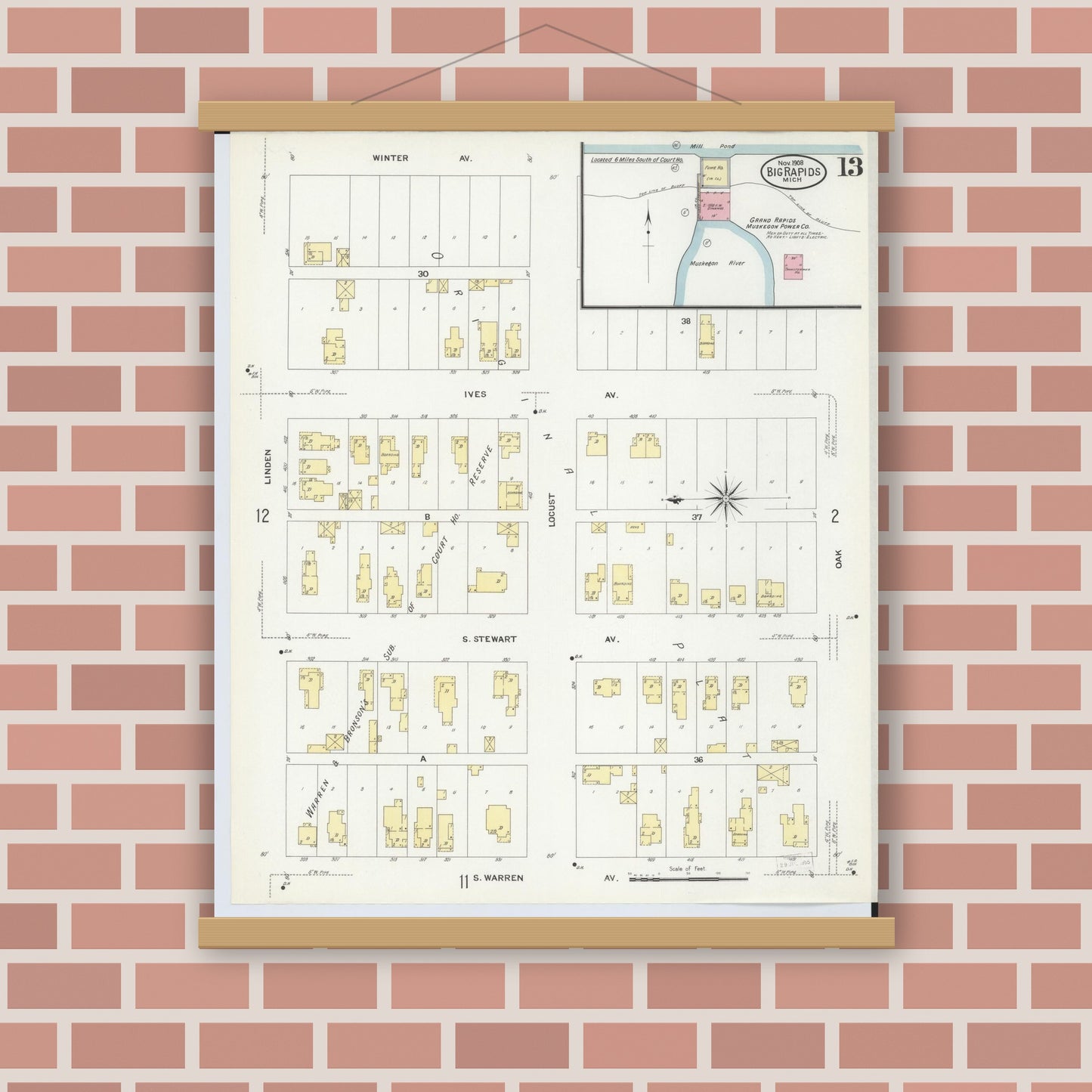 Old map wall art mockup — magnetic wood frame on brick wall — Sanborn Fire Insurance Map from Big Rapids, Mecosta County, Michigan (1908), Sheet #0013