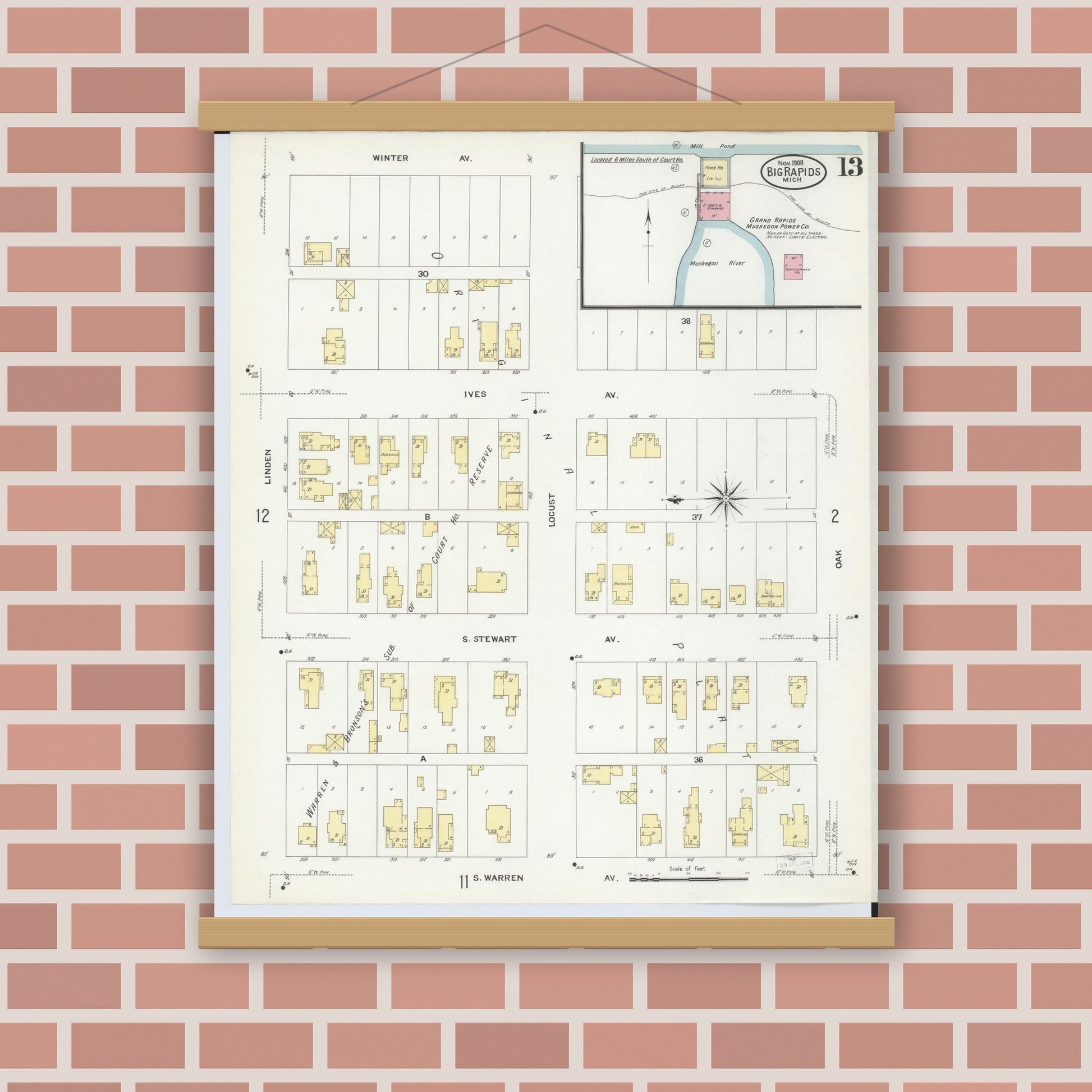 Old map wall art mockup — magnetic wood frame on brick wall — Sanborn Fire Insurance Map from Big Rapids, Mecosta County, Michigan (1908), Sheet #0013