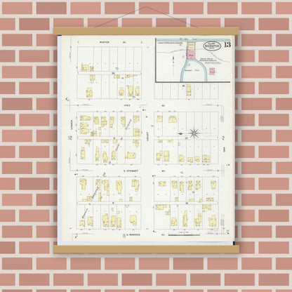 Old map wall art mockup — magnetic wood frame on brick wall — Sanborn Fire Insurance Map from Big Rapids, Mecosta County, Michigan (1908), Sheet #0013