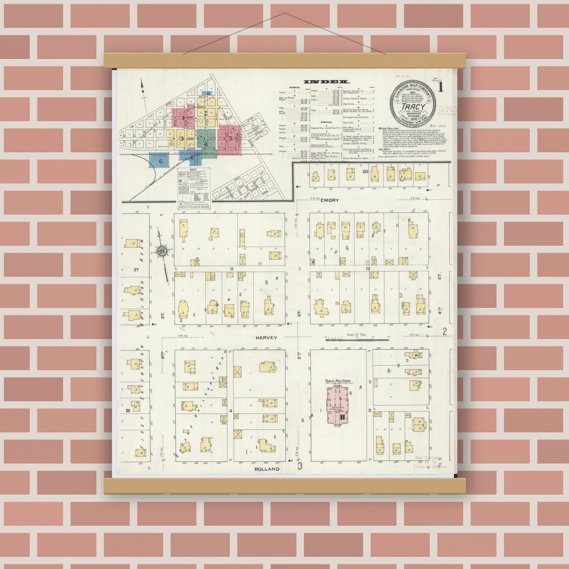 Old map wall art mockup — magnetic wood frame on brick wall — Sanborn Fire Insurance Map from Tracy, Lyon County, Minnesota (1909) - Complete Map Set