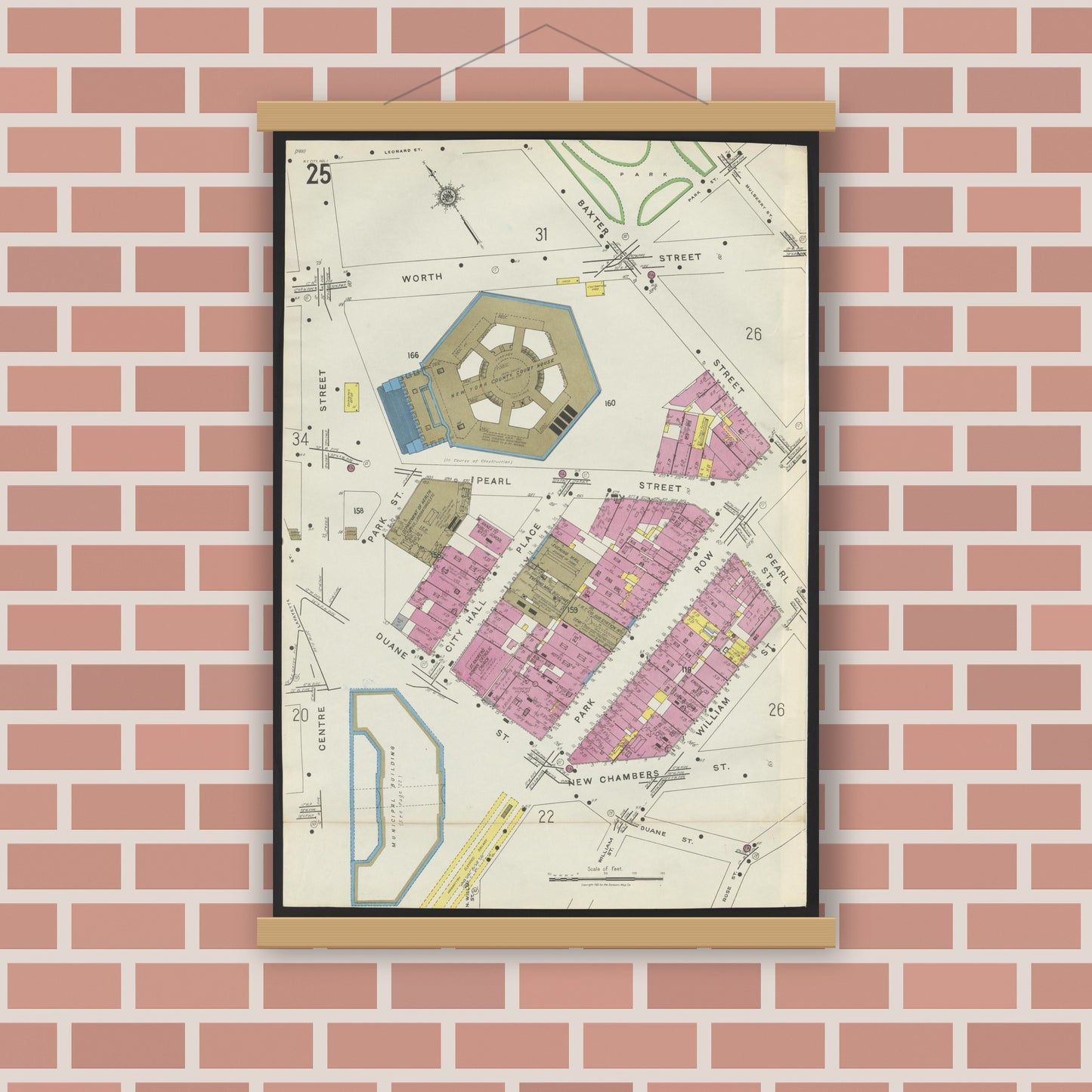 Old map wall art mockup — magnetic wood frame on brick wall — Sanborn Fire Insurance Map from New York, Bronx, Manhattan, New York (1923), Sheet #0025