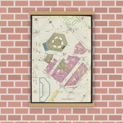 Old map wall art mockup — magnetic wood frame on brick wall — Sanborn Fire Insurance Map from New York, Bronx, Manhattan, New York (1923), Sheet #0025