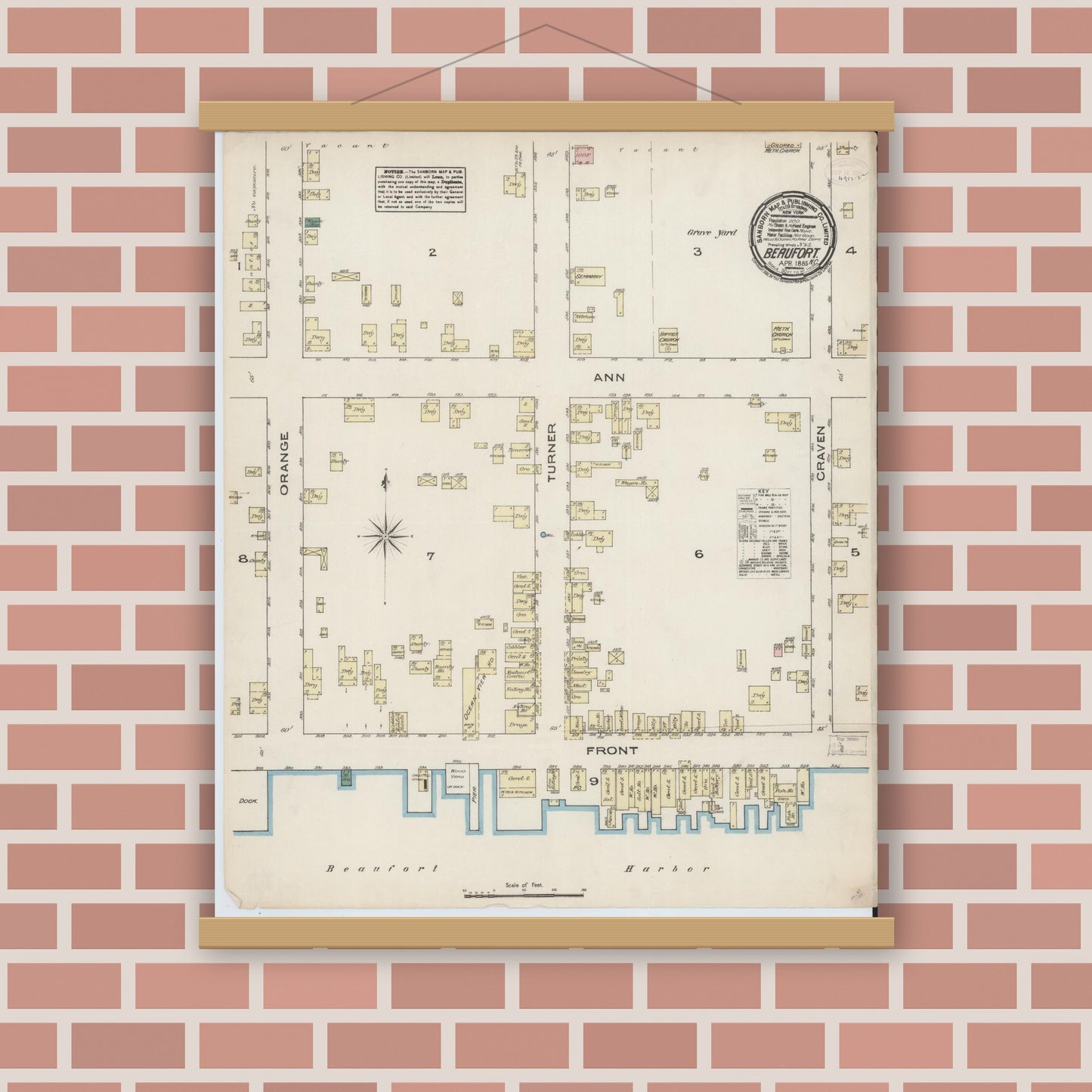 Old map wall art mockup — magnetic wood frame on brick wall — Sanborn Fire Insurance Map from Beaufort, Carteret County, North Carolina (1885), Sheet #0001