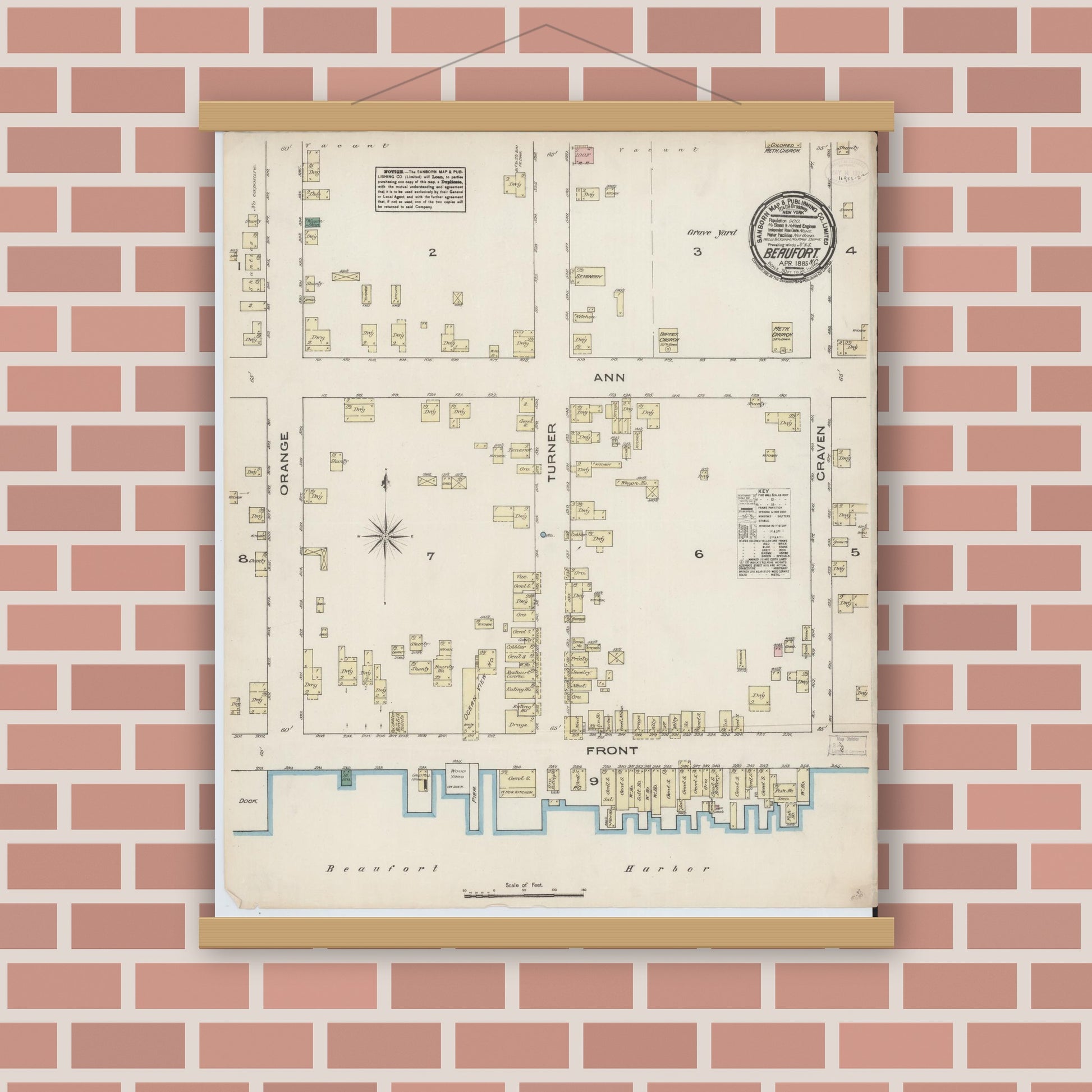 Old map wall art mockup — magnetic wood frame on brick wall — Sanborn Fire Insurance Map from Beaufort, Carteret County, North Carolina (1885), Sheet #0001