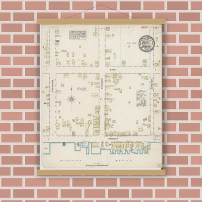 Old map wall art mockup — magnetic wood frame on brick wall — Sanborn Fire Insurance Map from Beaufort, Carteret County, North Carolina (1885), Sheet #0001