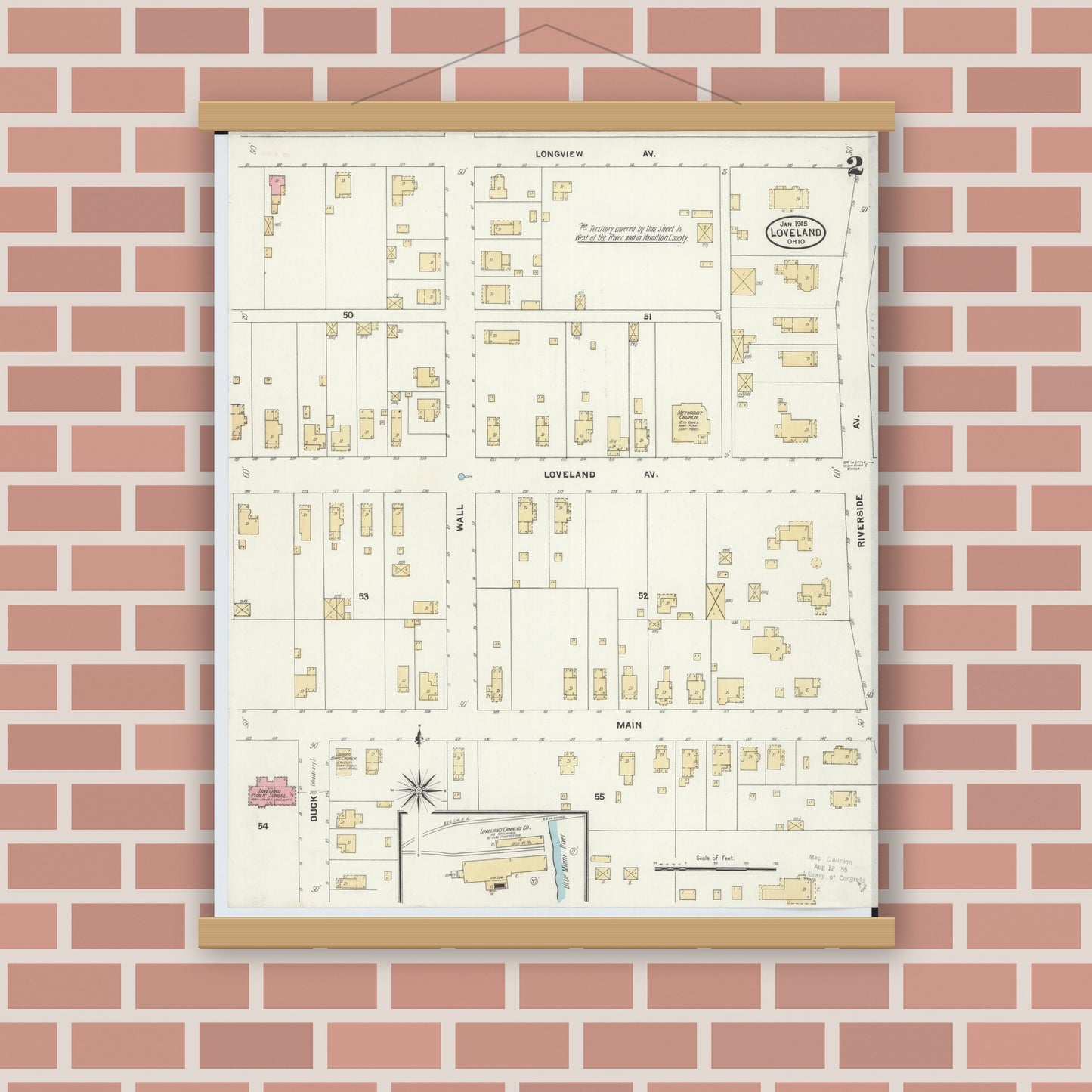 Old map wall art mockup — magnetic wood frame on brick wall — Sanborn Fire Insurance Map from Loveland, Clermont, Hamilton, And Warren County, Ohio (1905), Sheet #0002