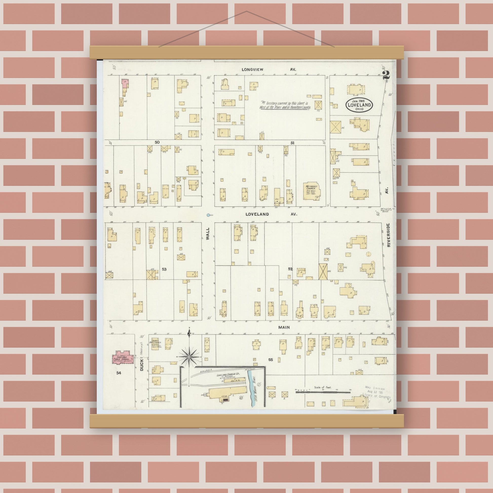 Old map wall art mockup — magnetic wood frame on brick wall — Sanborn Fire Insurance Map from Loveland, Clermont, Hamilton, And Warren County, Ohio (1905), Sheet #0002