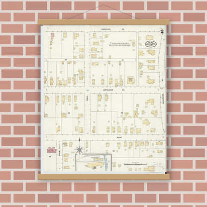 Old map wall art mockup — magnetic wood frame on brick wall — Sanborn Fire Insurance Map from Loveland, Clermont, Hamilton, And Warren County, Ohio (1905), Sheet #0002