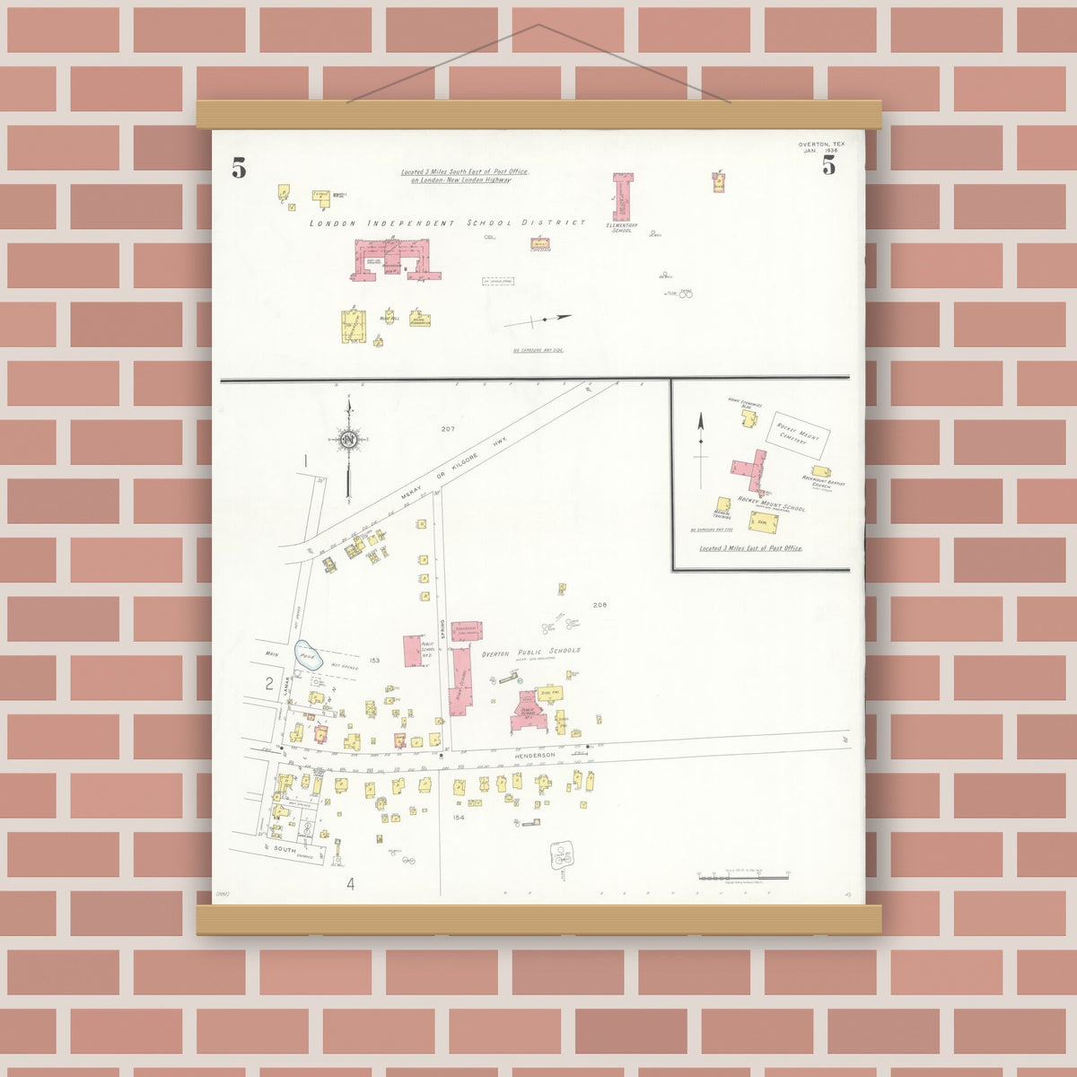 Old map wall art mockup — magnetic wood frame on brick wall — Sanborn Fire Insurance Map from Overton, Rusk County, Texas (1936), Sheet #0005