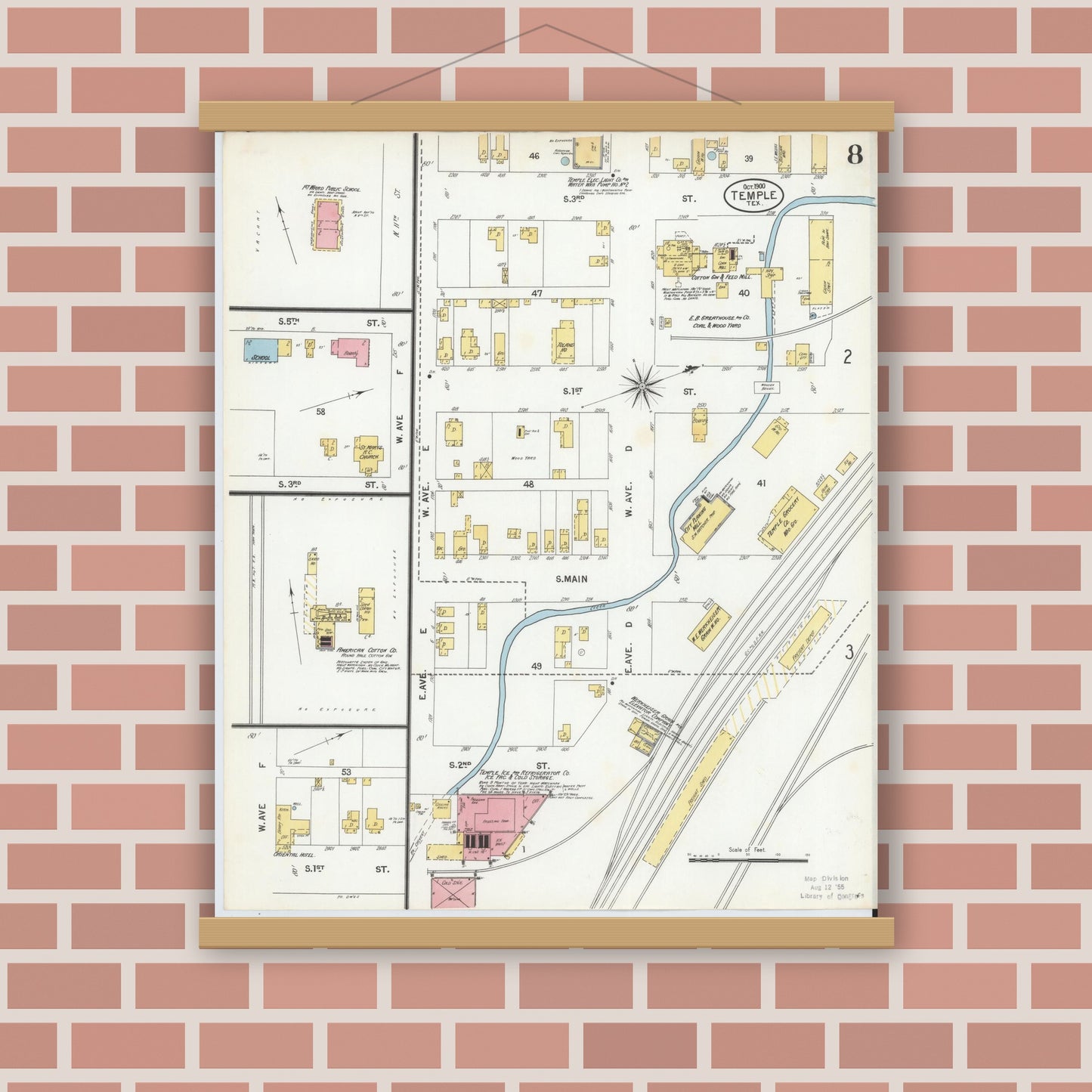Old map wall art mockup — magnetic wood frame on brick wall — Sanborn Fire Insurance Map from Temple, Bell County, Texas (1900), Sheet #0008