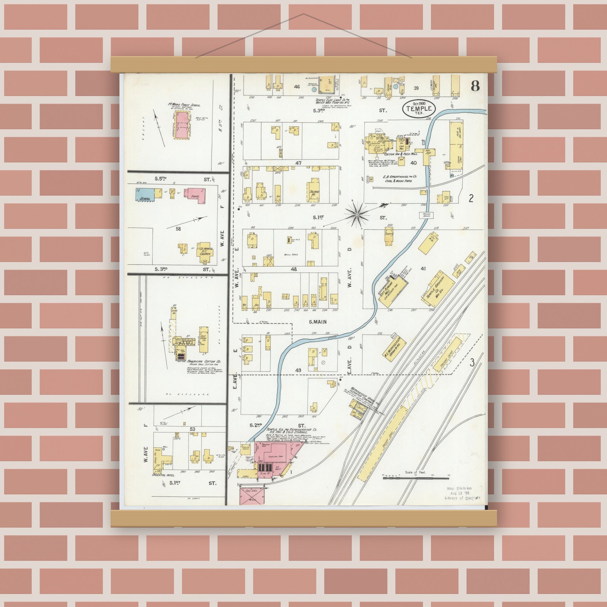 Old map wall art mockup — magnetic wood frame on brick wall — Sanborn Fire Insurance Map from Temple, Bell County, Texas (1900), Sheet #0008