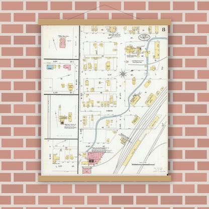Old map wall art mockup — magnetic wood frame on brick wall — Sanborn Fire Insurance Map from Temple, Bell County, Texas (1900), Sheet #0008