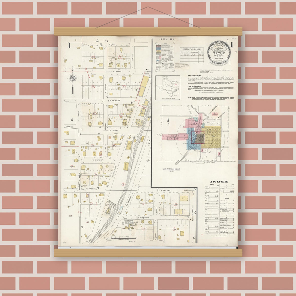 Old map wall art mockup — magnetic wood frame on brick wall — Sanborn Fire Insurance Map from Troup, Smith County, Texas (1943) - Complete Map Set