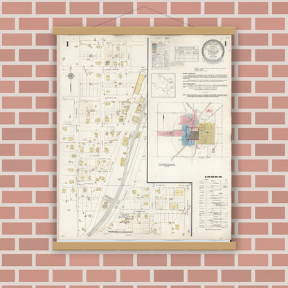 Old map wall art mockup — magnetic wood frame on brick wall — Sanborn Fire Insurance Map from Troup, Smith County, Texas (1943) - Complete Map Set