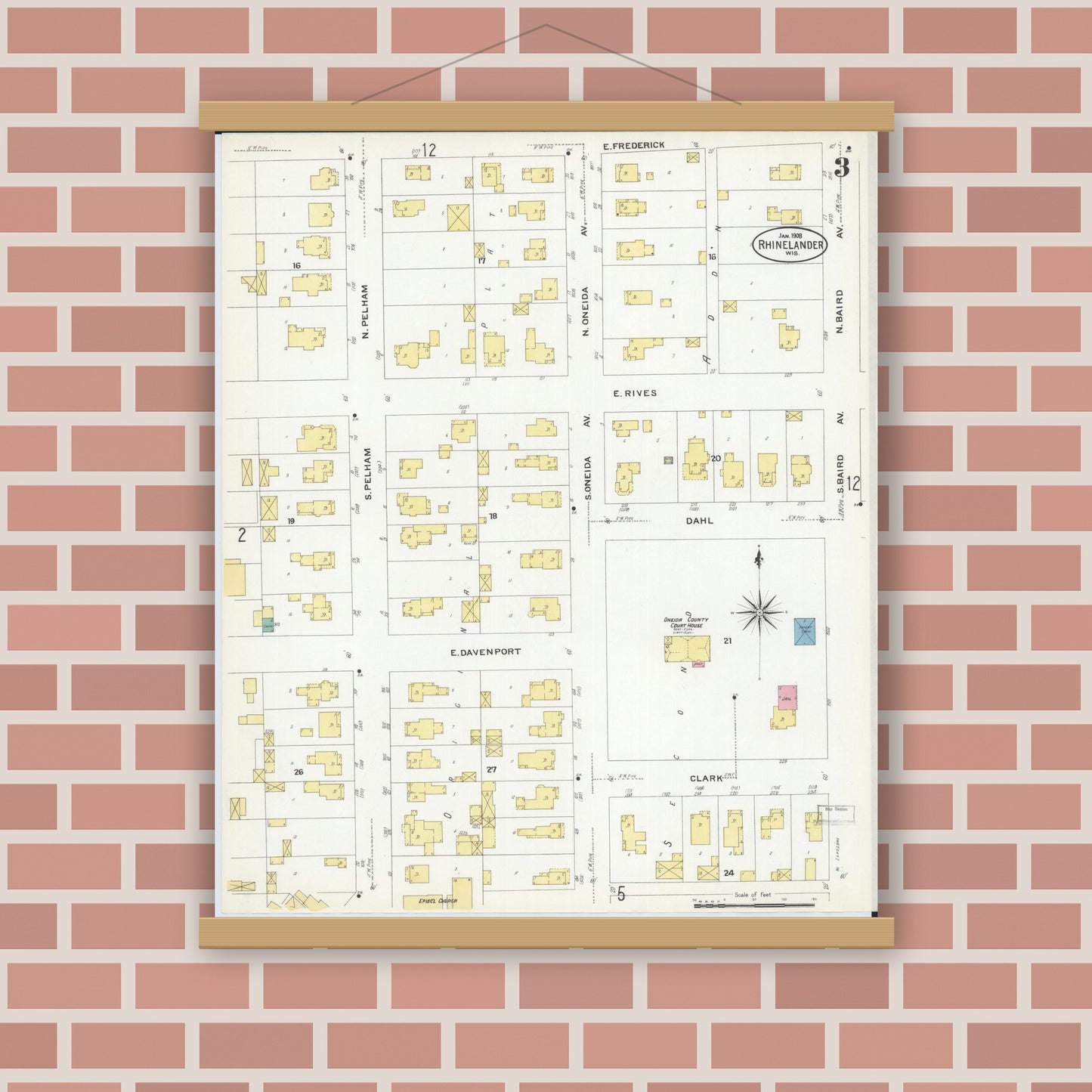 Old map wall art mockup — magnetic wood frame on brick wall — Sanborn Fire Insurance Map from Rhinelander, Oneida County, Wisconsin (1908), Sheet #0003