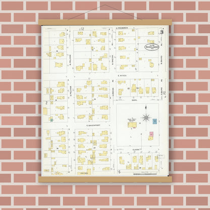 Old map wall art mockup — magnetic wood frame on brick wall — Sanborn Fire Insurance Map from Rhinelander, Oneida County, Wisconsin (1908), Sheet #0003