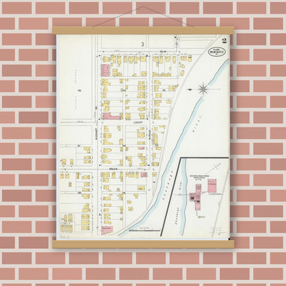 Old map wall art mockup — magnetic wood frame on brick wall — Sanborn Fire Insurance Map from New Castle, Lawrence County, Pennsylvania (1899), Sheet #0002