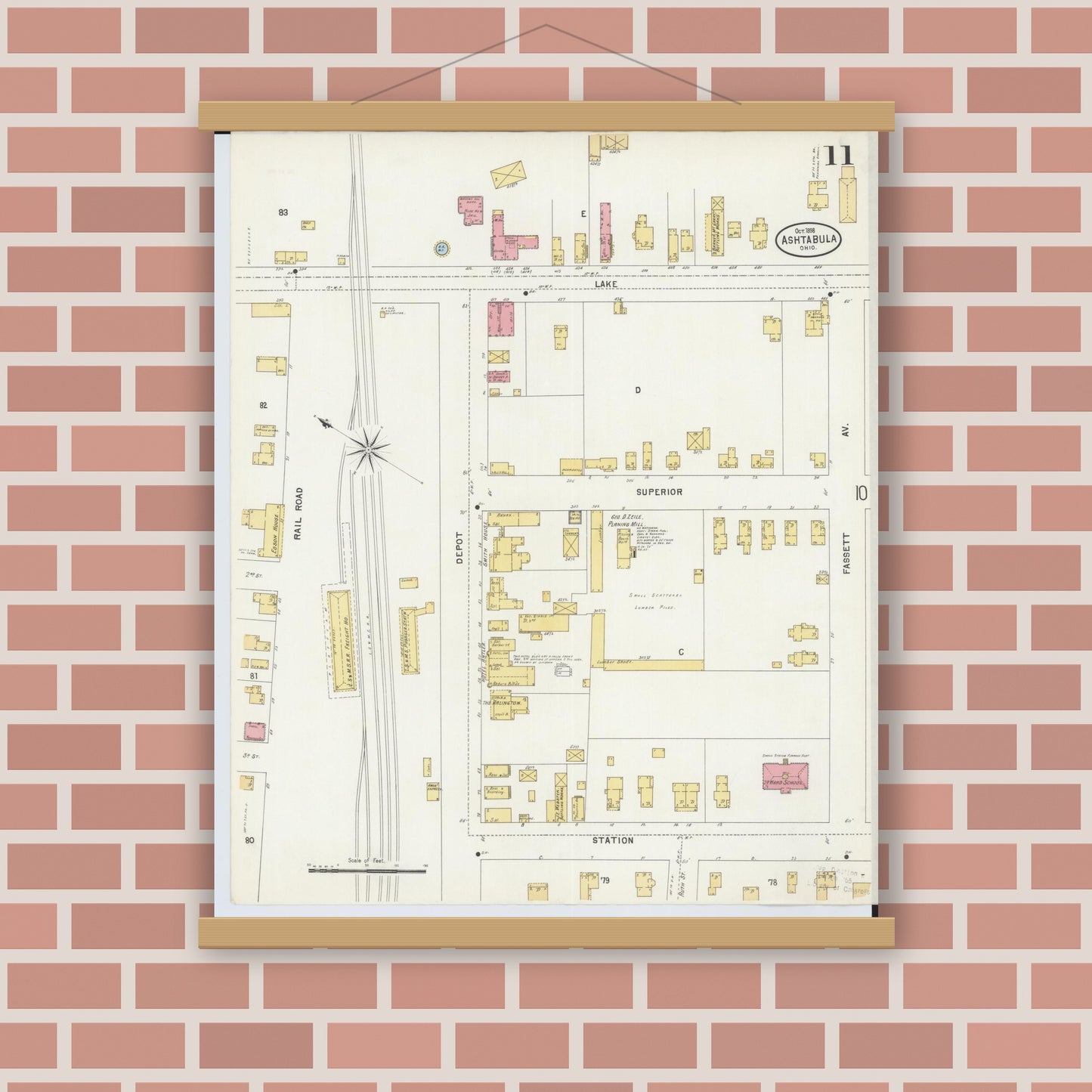 Old map wall art mockup — magnetic wood frame on brick wall — Sanborn Fire Insurance Map from Ashtabula, Ashtabula County, Ohio (1898), Sheet #0011