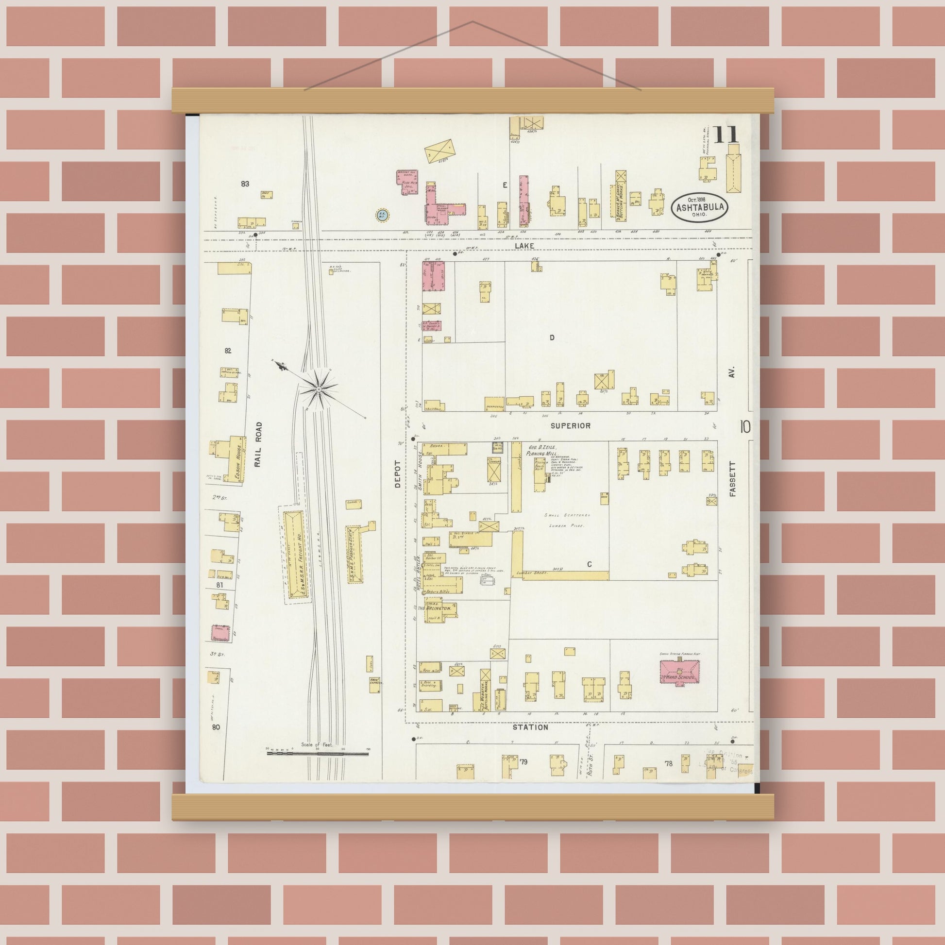 Old map wall art mockup — magnetic wood frame on brick wall — Sanborn Fire Insurance Map from Ashtabula, Ashtabula County, Ohio (1898), Sheet #0011