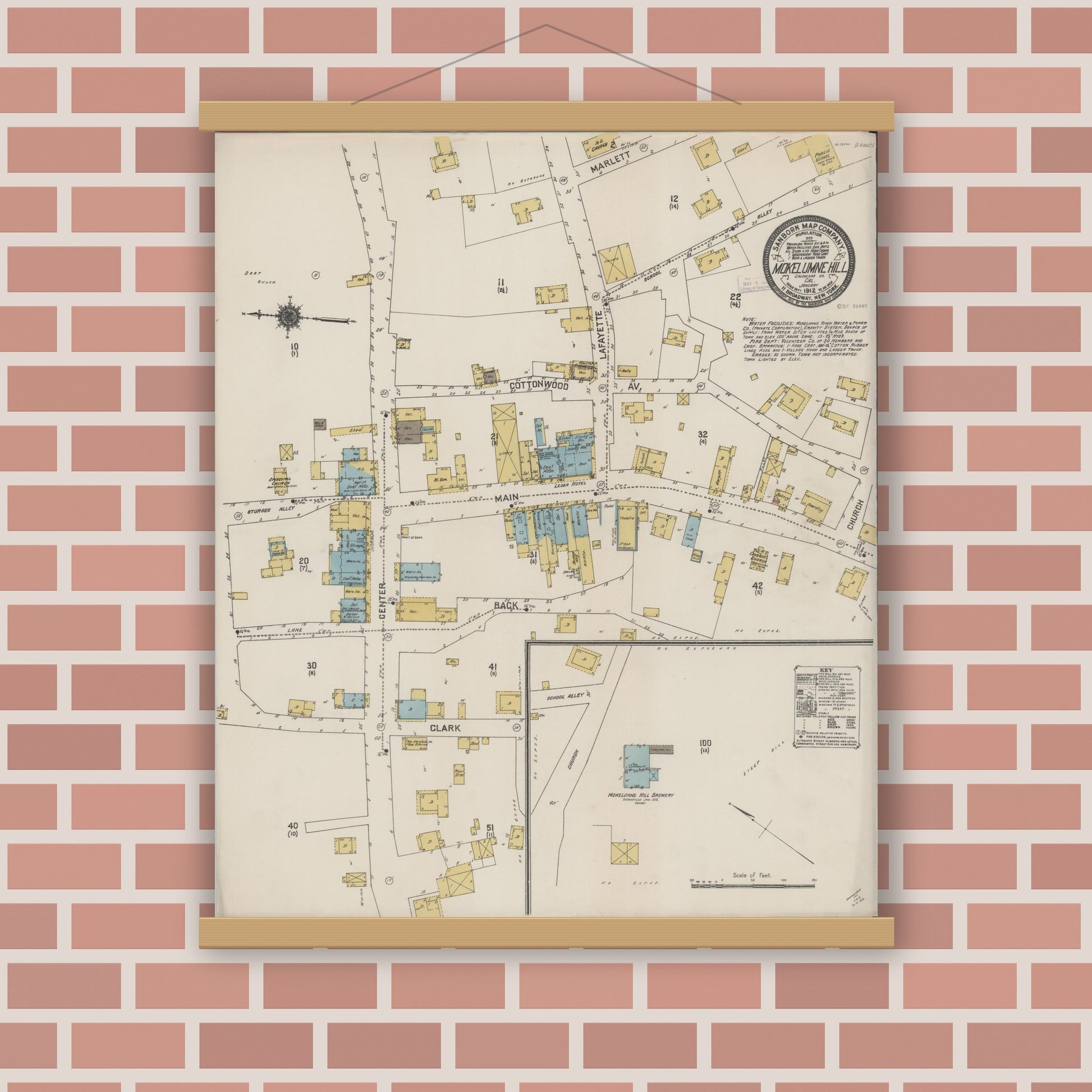 Old map wall art mockup — magnetic wood frame on brick wall — Sanborn Fire Insurance Map from Mokelumne Hill, Calaveras County, California (1912), Sheet #0001