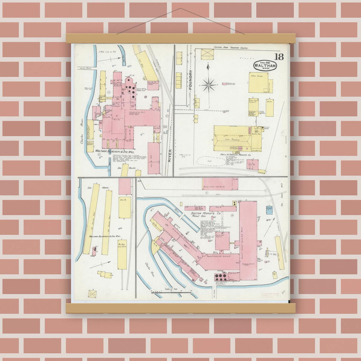 Old map wall art mockup — magnetic wood frame on brick wall — Sanborn Fire Insurance Map from Waltham, Middlesex County, Massachusetts (1892), Sheet #0018
