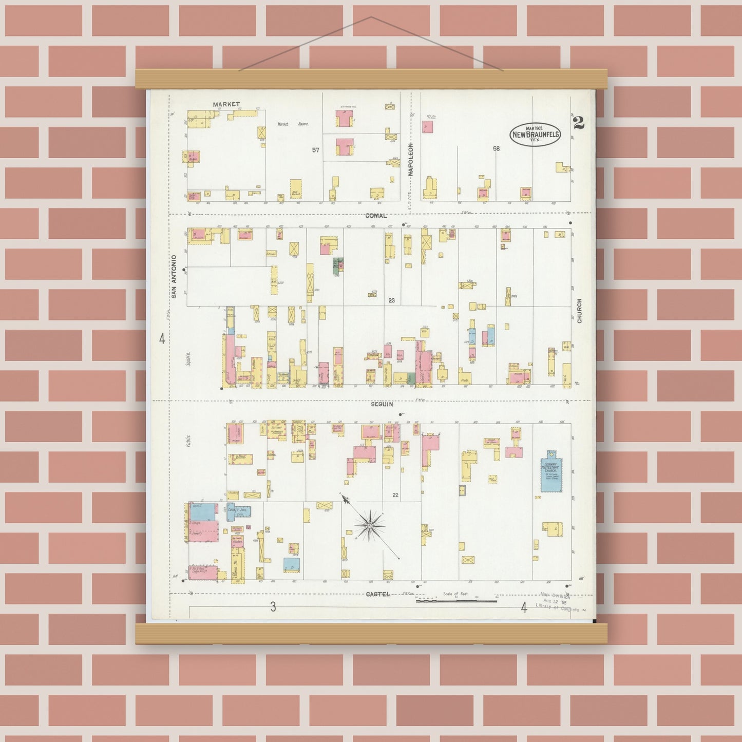 Old map wall art mockup — magnetic wood frame on brick wall — Sanborn Fire Insurance Map from New Braunfels, Comal County, Texas (1902), Sheet #0002