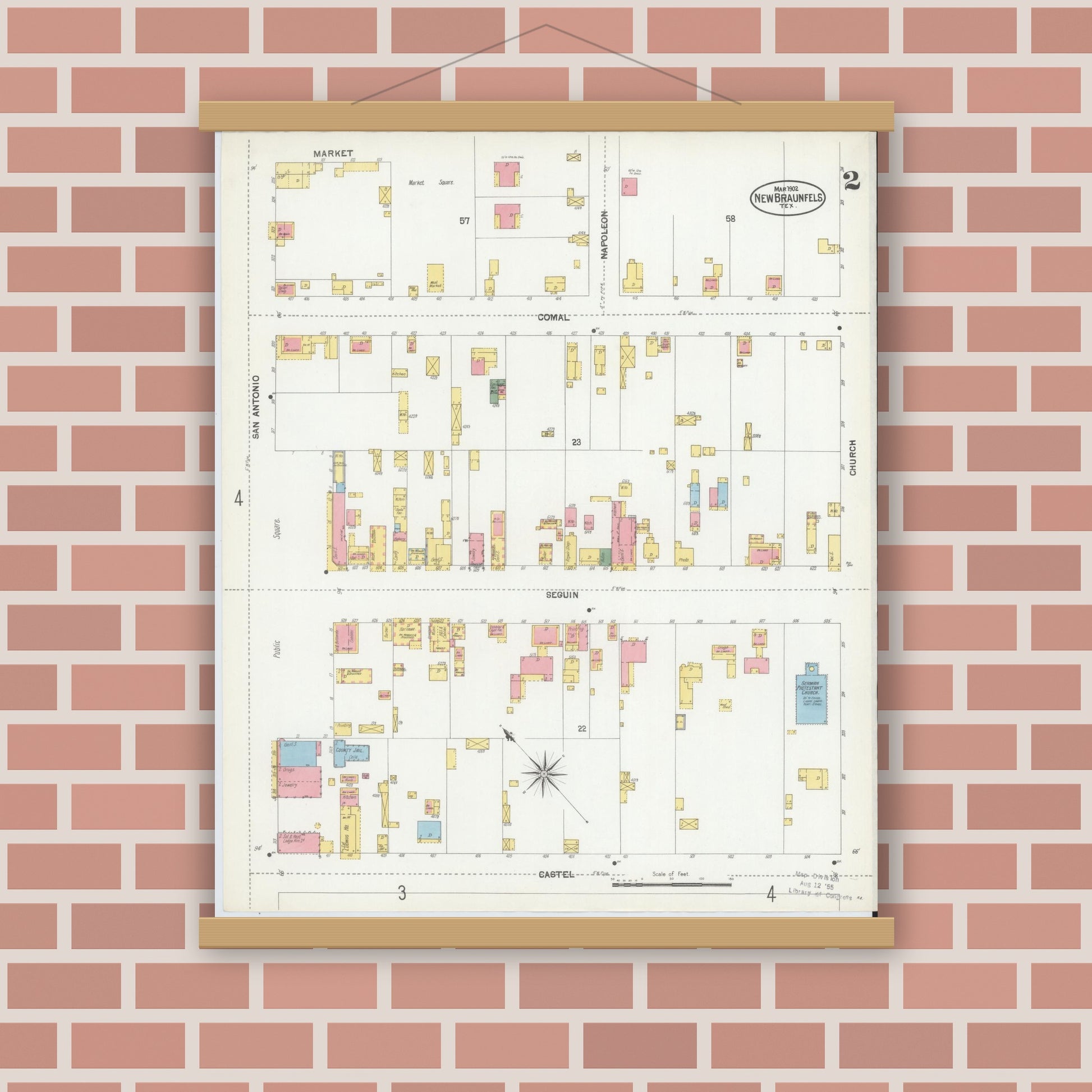 Old map wall art mockup — magnetic wood frame on brick wall — Sanborn Fire Insurance Map from New Braunfels, Comal County, Texas (1902), Sheet #0002