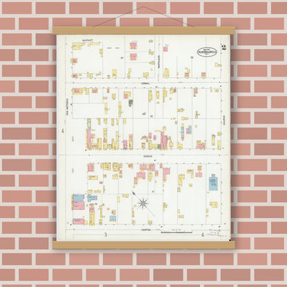 Old map wall art mockup — magnetic wood frame on brick wall — Sanborn Fire Insurance Map from New Braunfels, Comal County, Texas (1902), Sheet #0002
