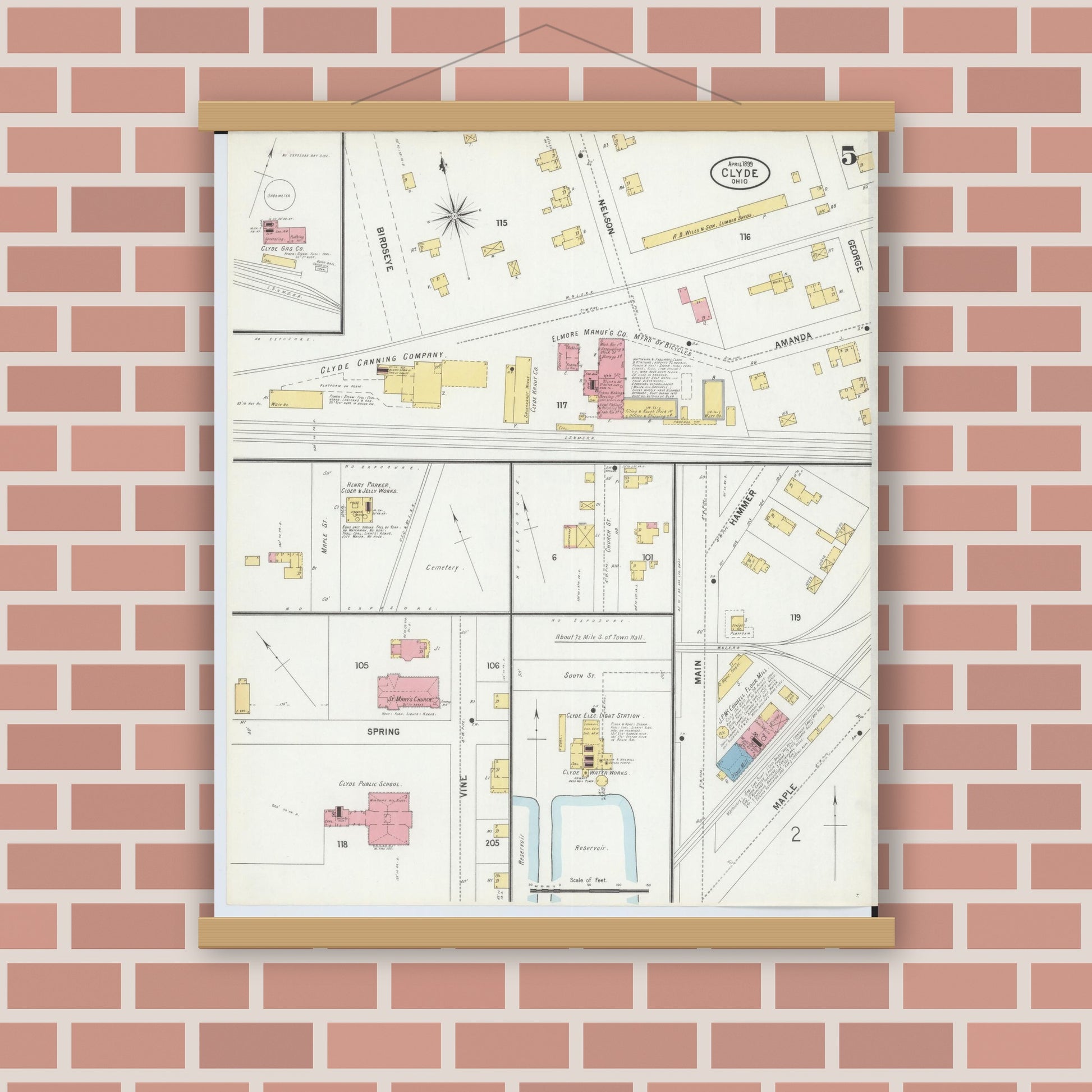 Old map wall art mockup — magnetic wood frame on brick wall — Sanborn Fire Insurance Map from Clyde, Sandusky County, Ohio (1899), Sheet #0005