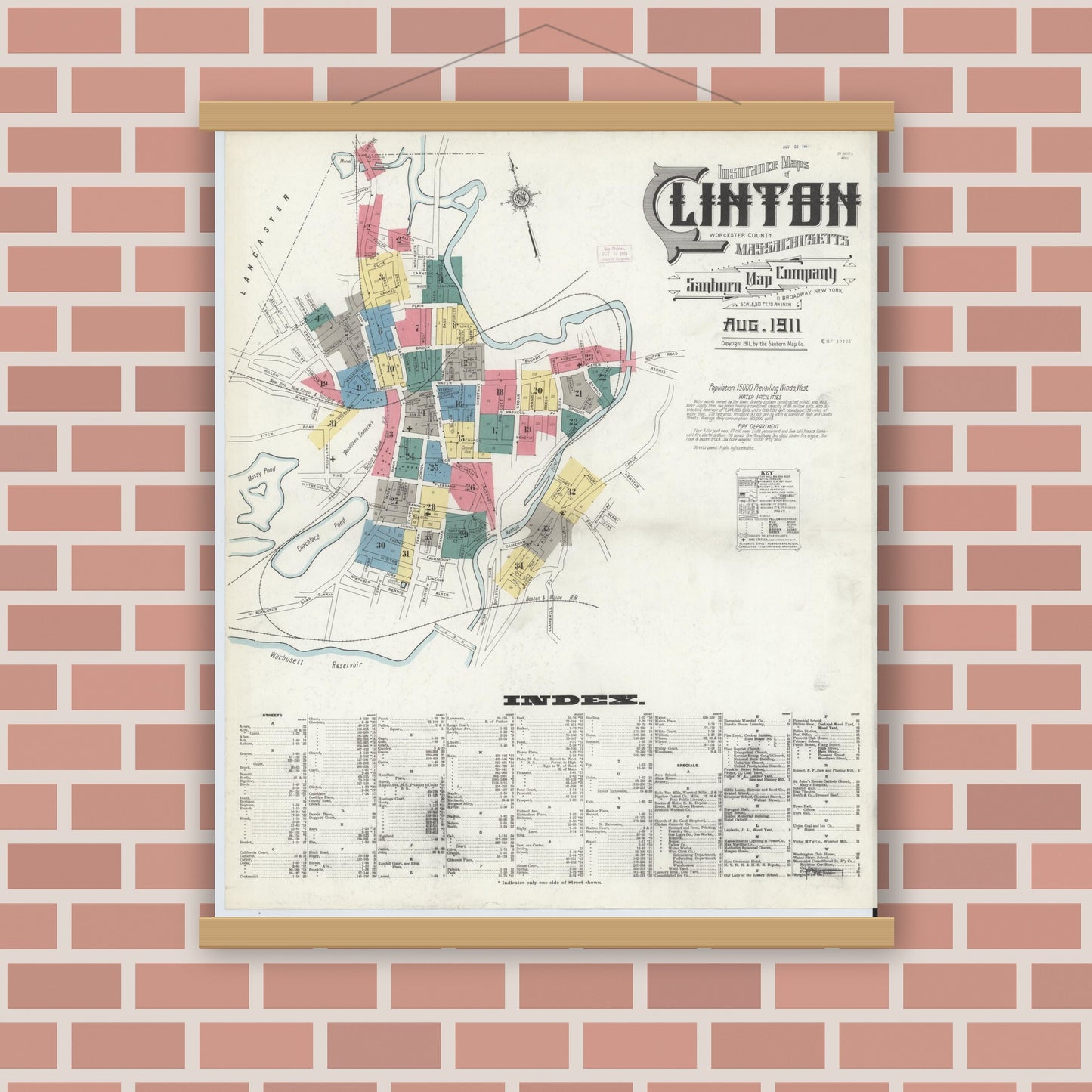 Old map wall art mockup — magnetic wood frame on brick wall — Sanborn Fire Insurance Map from Clinton, Worcester County, Massachusetts (1911) - Complete Map Set
