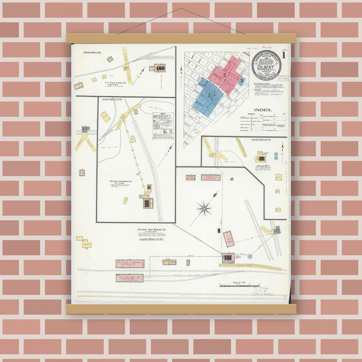 Old map wall art mockup — magnetic wood frame on brick wall — Sanborn Fire Insurance Map from Gilbert, Saint Louis County, Minnesota (1909), Sheet #0001