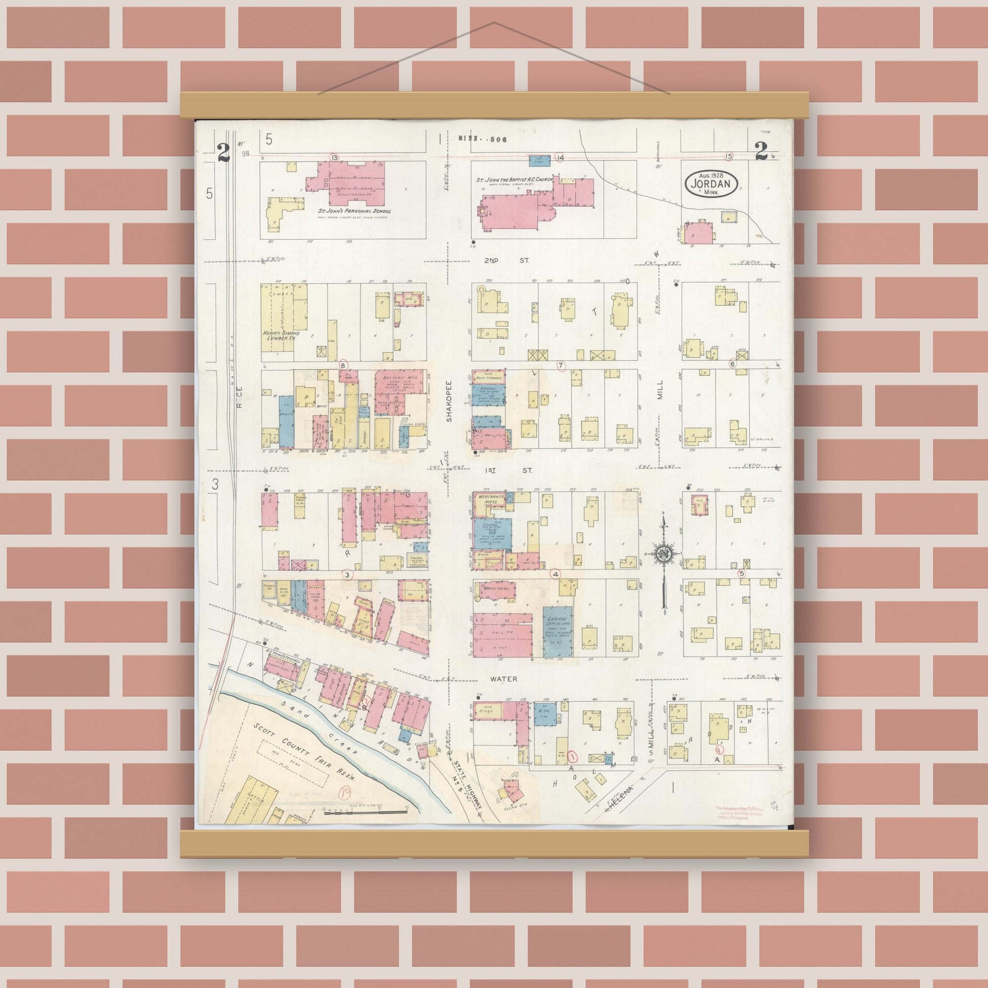 Old map wall art mockup — magnetic wood frame on brick wall — Sanborn Fire Insurance Map from Jordan, Scott County, Minnesota (1933), Sheet #0002
