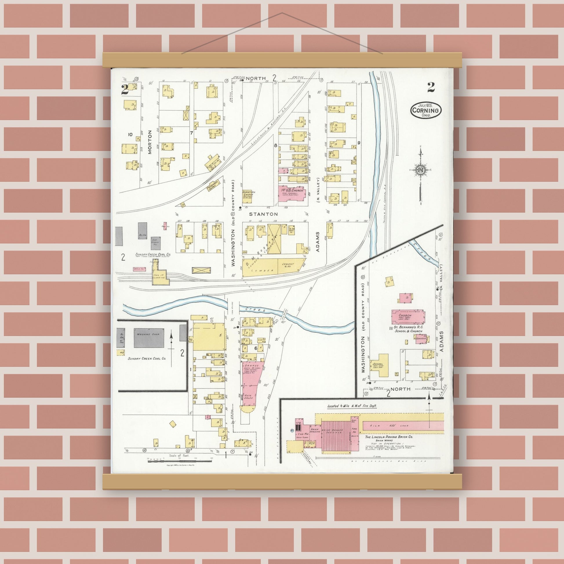 Old map wall art mockup — magnetic wood frame on brick wall — Sanborn Fire Insurance Map from Corning, Perry County, Ohio (1926), Sheet #0002
