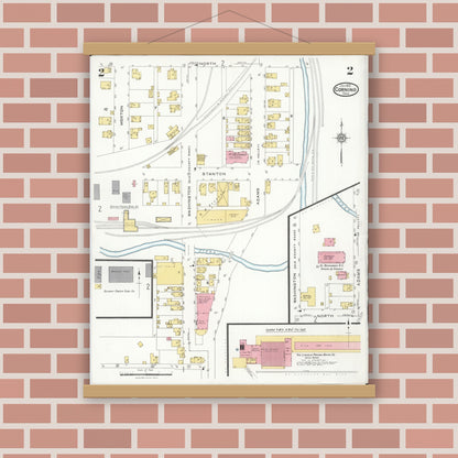 Old map wall art mockup — magnetic wood frame on brick wall — Sanborn Fire Insurance Map from Corning, Perry County, Ohio (1926), Sheet #0002