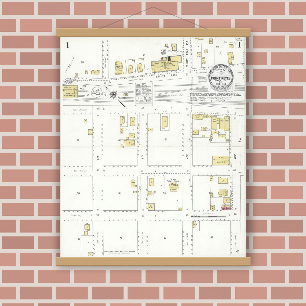Old map wall art mockup — magnetic wood frame on brick wall — Sanborn Fire Insurance Map from Point Reyes, Marin County, California (1928) - Complete Map Set