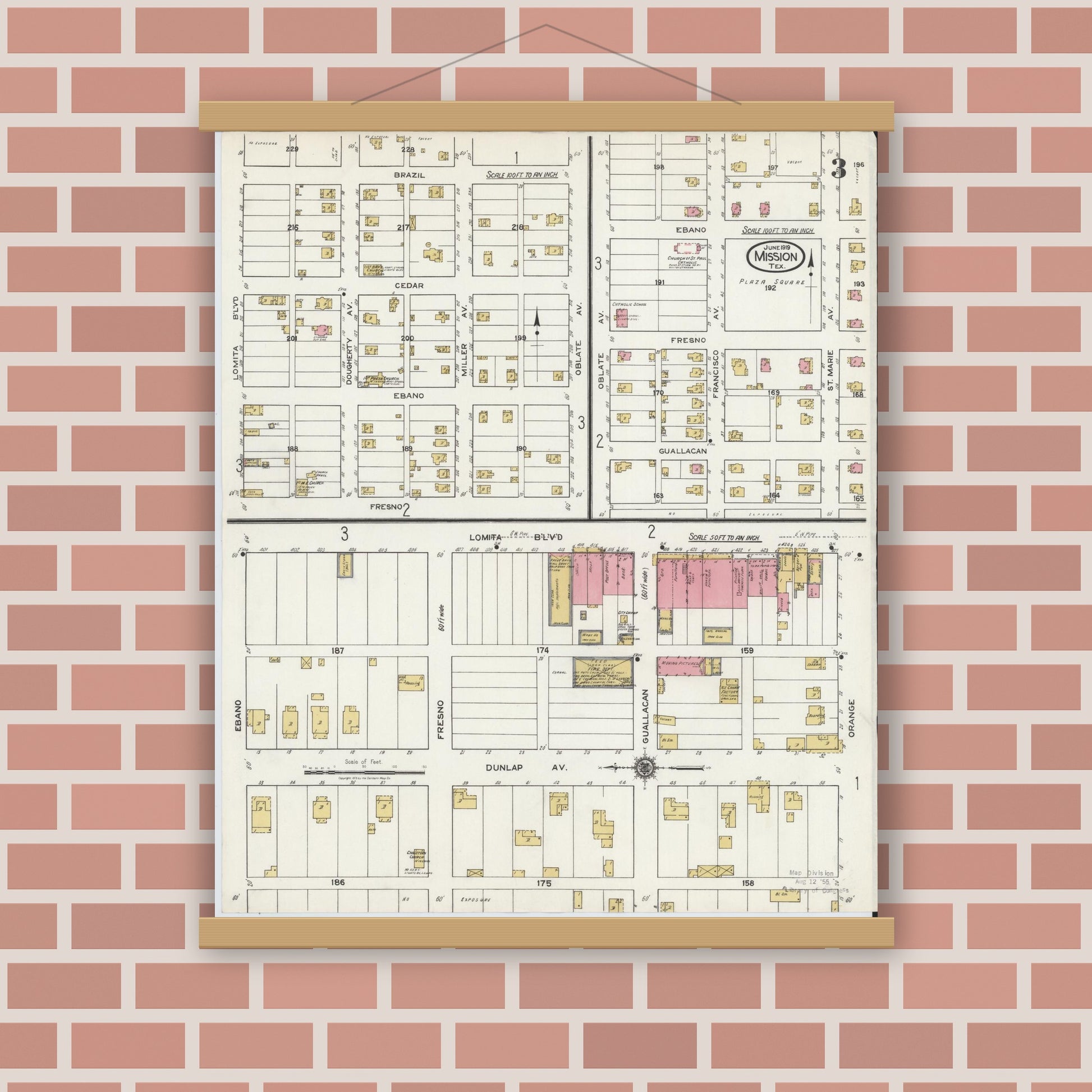 Old map wall art mockup — magnetic wood frame on brick wall — Sanborn Fire Insurance Map from Mission, Hidalgo County, Texas (1919), Sheet #0003