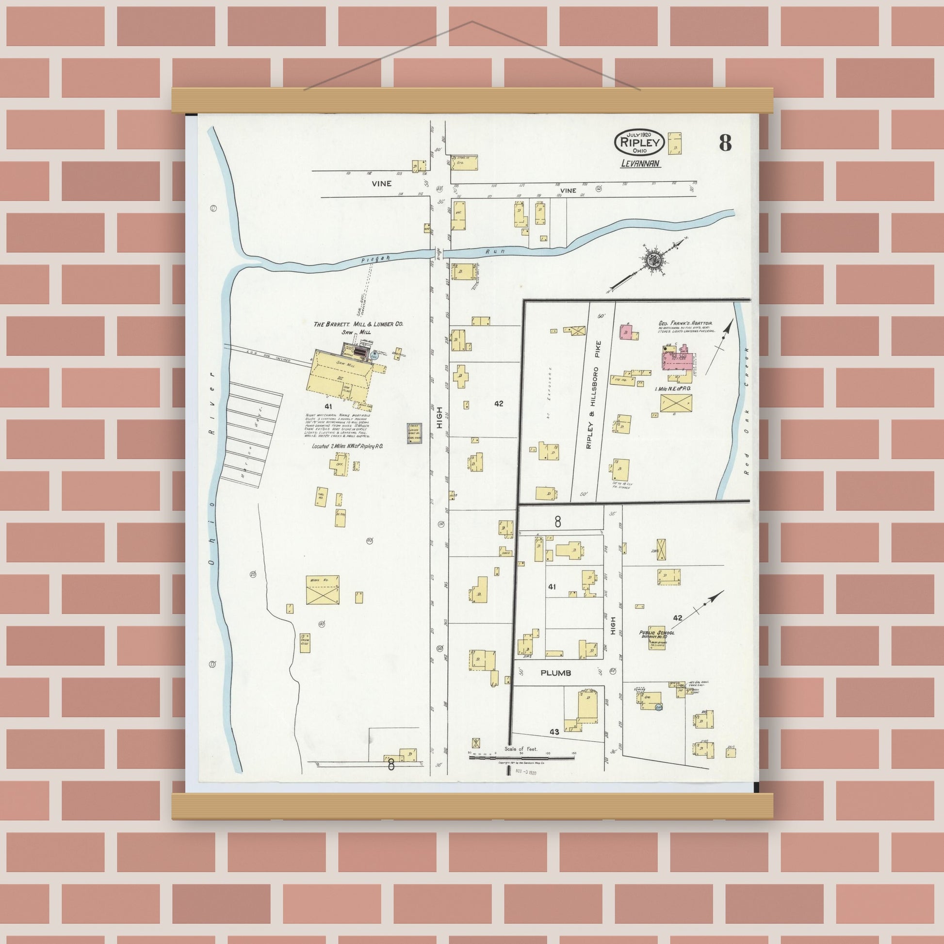Old map wall art mockup — magnetic wood frame on brick wall — Sanborn Fire Insurance Map from Ripley, Brown County, Ohio (1920), Sheet #0008