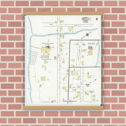 Old map wall art mockup — magnetic wood frame on brick wall — Sanborn Fire Insurance Map from Ripley, Brown County, Ohio (1920), Sheet #0008