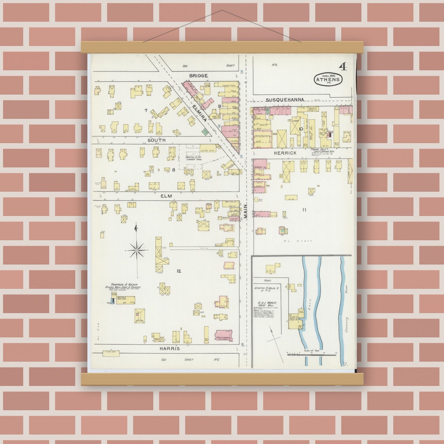 Old map wall art mockup — magnetic wood frame on brick wall — Sanborn Fire Insurance Map from Athens, Bradford County, Pennsylvania (1892), Sheet #0004