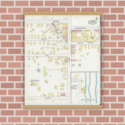 Old map wall art mockup — magnetic wood frame on brick wall — Sanborn Fire Insurance Map from Athens, Bradford County, Pennsylvania (1892), Sheet #0004