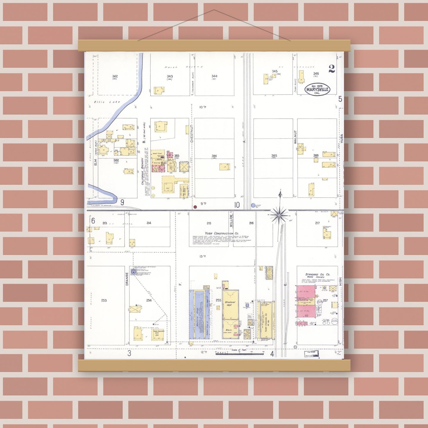 Old map wall art mockup — magnetic wood frame on brick wall — Sanborn Fire Insurance Map from Marysville, Yuba County, California (1909), Sheet #0002