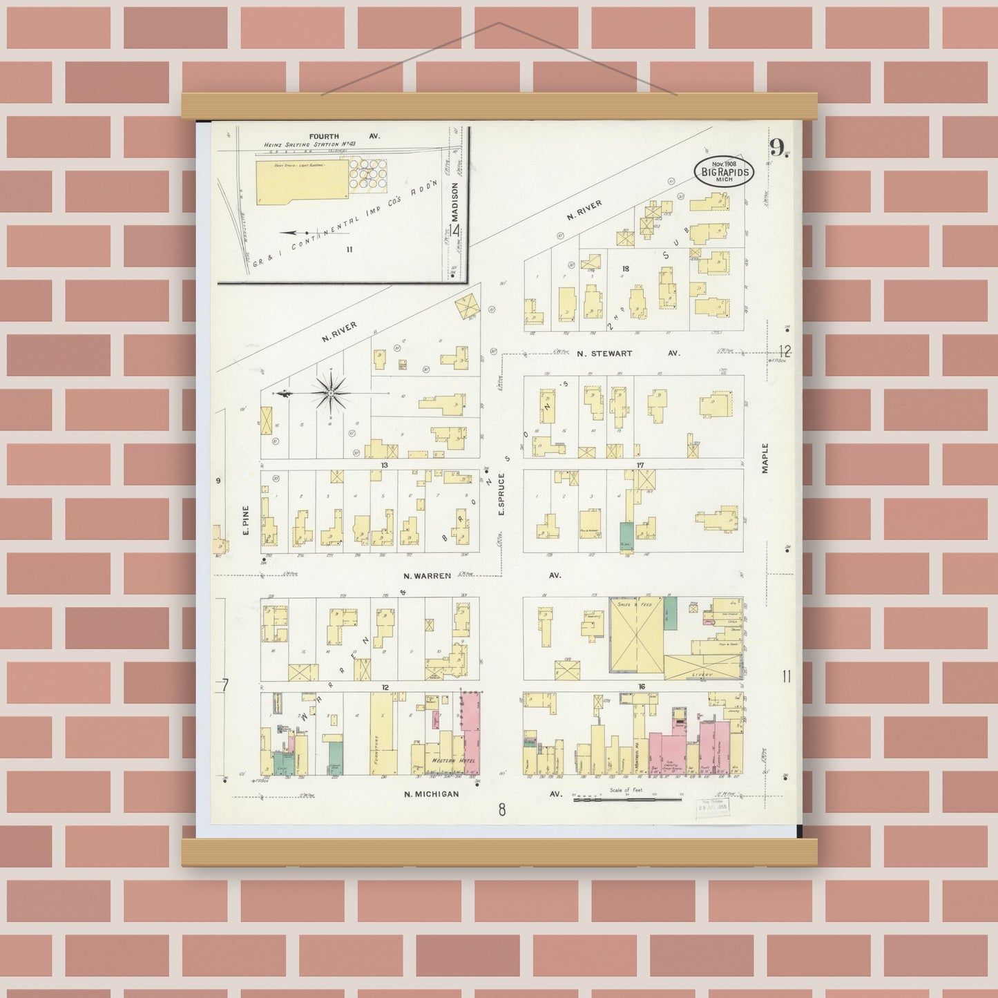 Old map wall art mockup — magnetic wood frame on brick wall — Sanborn Fire Insurance Map from Big Rapids, Mecosta County, Michigan (1908), Sheet #0009