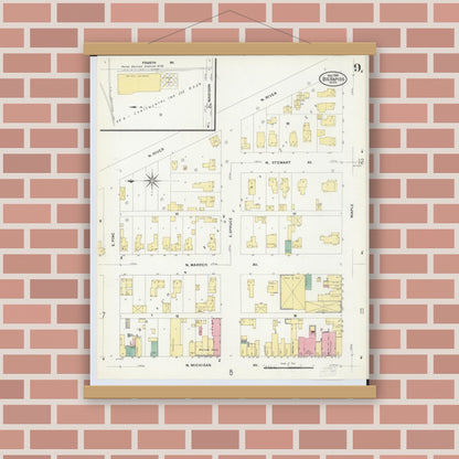 Old map wall art mockup — magnetic wood frame on brick wall — Sanborn Fire Insurance Map from Big Rapids, Mecosta County, Michigan (1908), Sheet #0009