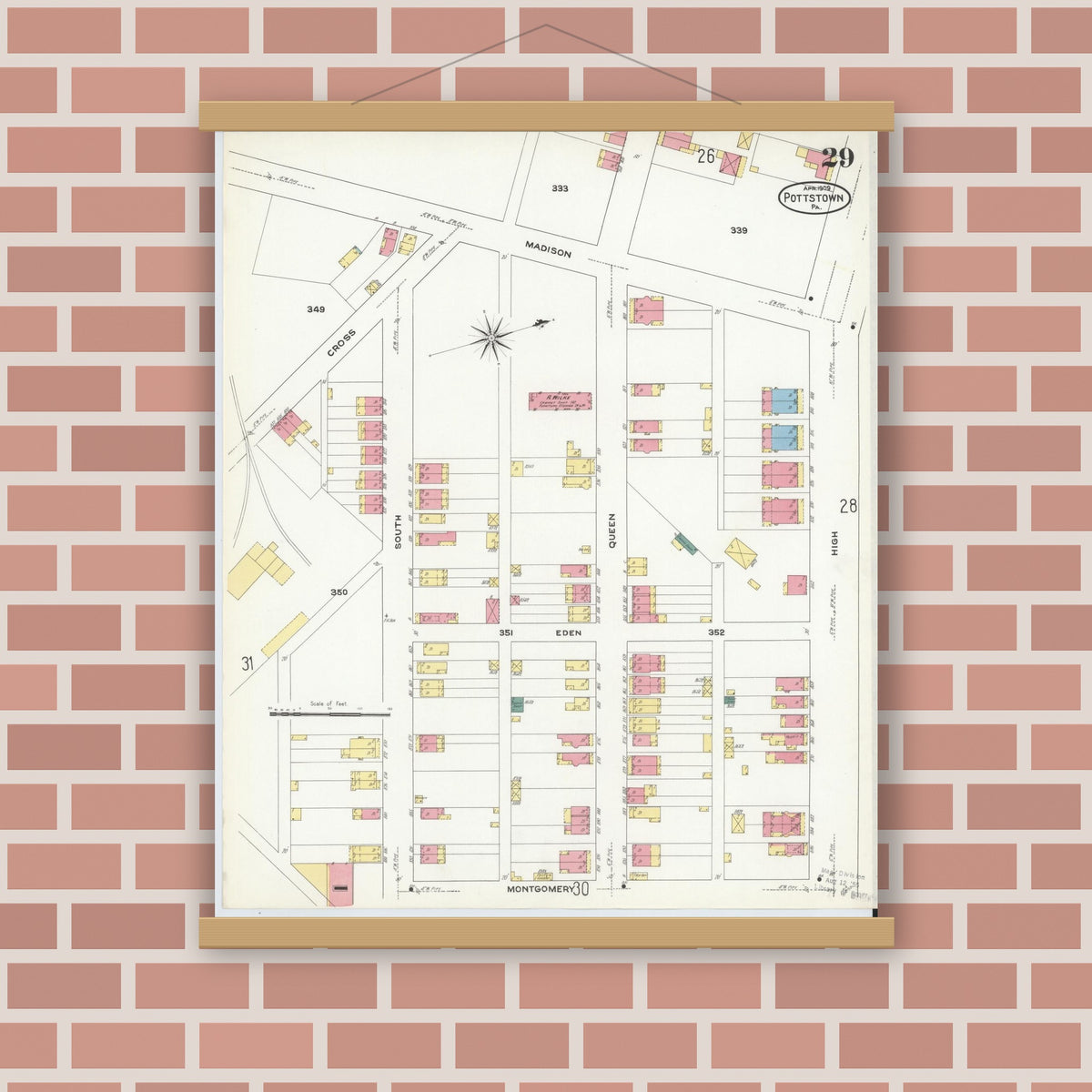 Old map wall art mockup — magnetic wood frame on brick wall — Sanborn Fire Insurance Map from Pottstown, Montgomery County, Pennsylvania (1909), Sheet #0029